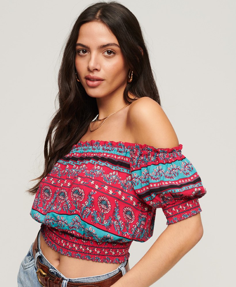 geplooide crop top met korte mouwen in parijs paisleyprint roze