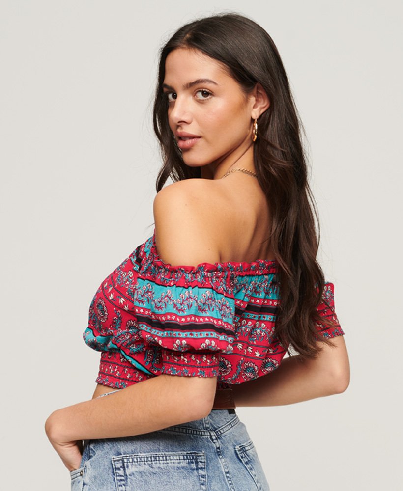 geplooide crop top met korte mouwen in parijs paisleyprint roze