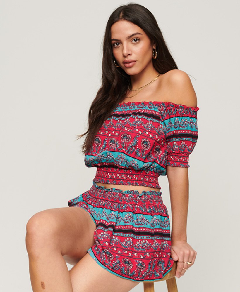 geplooide crop top met korte mouwen in parijs paisleyprint roze