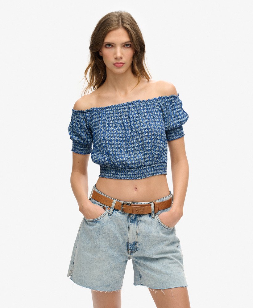 geplooide crop top met korte mouwen in mini geometrisch blauw