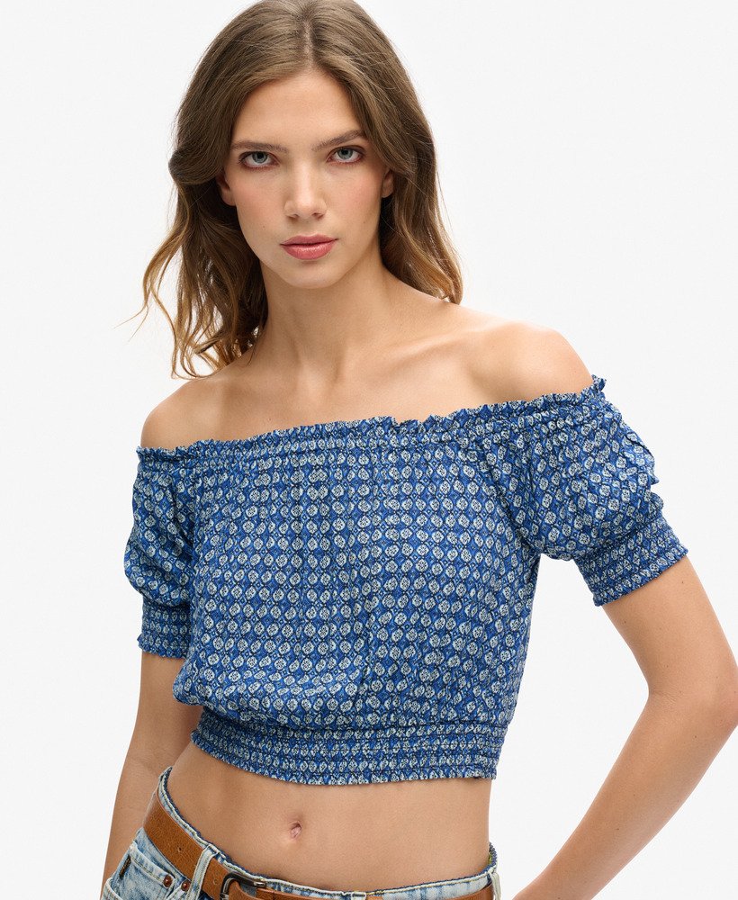 geplooide crop top met korte mouwen in mini geometrisch blauw