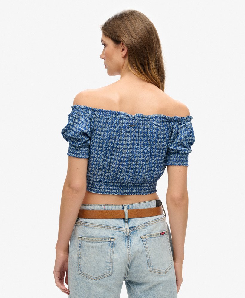 geplooide crop top met korte mouwen in mini geometrisch blauw