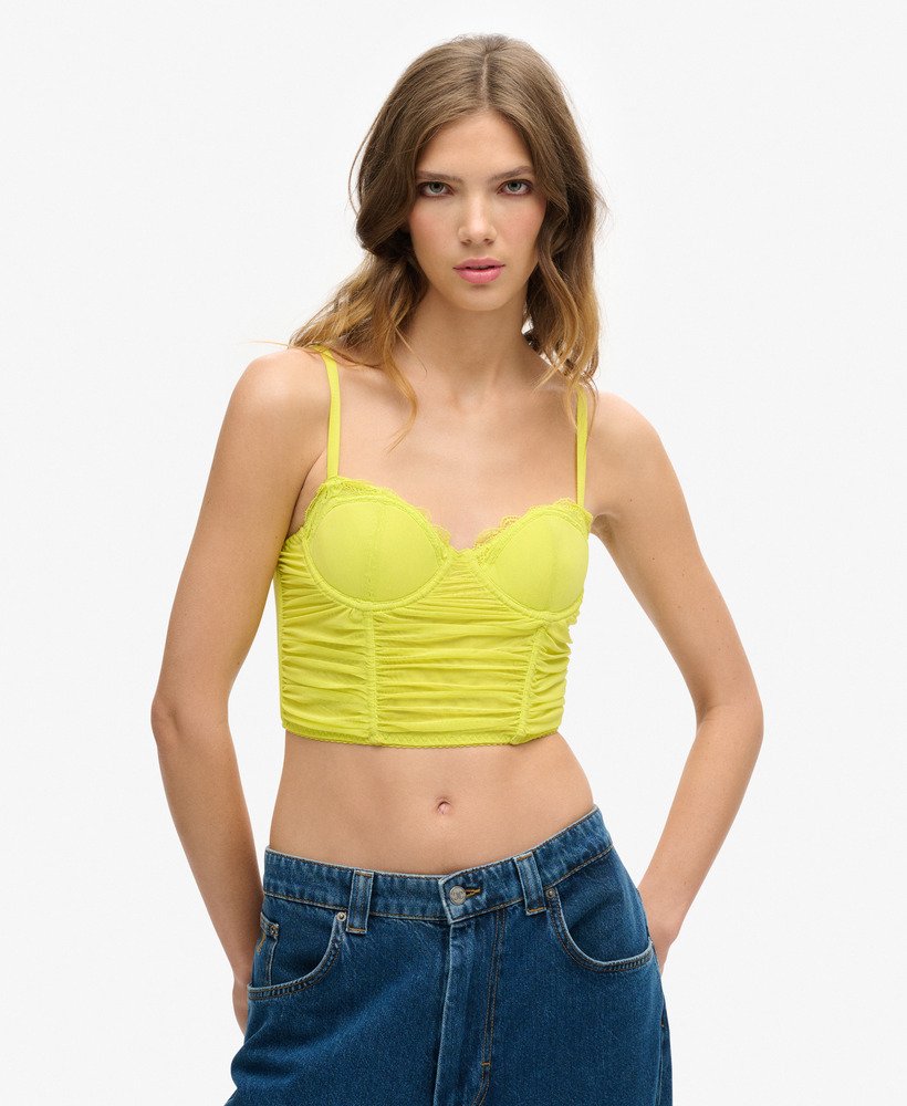 geplooide mesh crop top met korset in zwavelkleurige lente