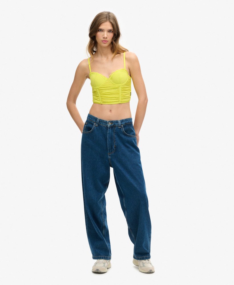 geplooide mesh crop top met korset in zwavelkleurige lente