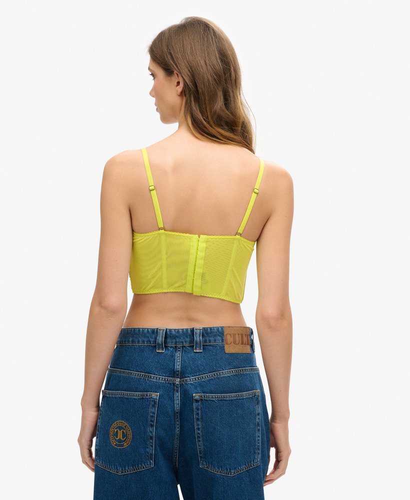 geplooide mesh crop top met korset in zwavelkleurige lente