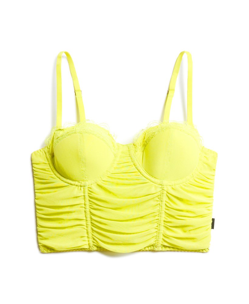 geplooide mesh crop top met korset in zwavelkleurige lente