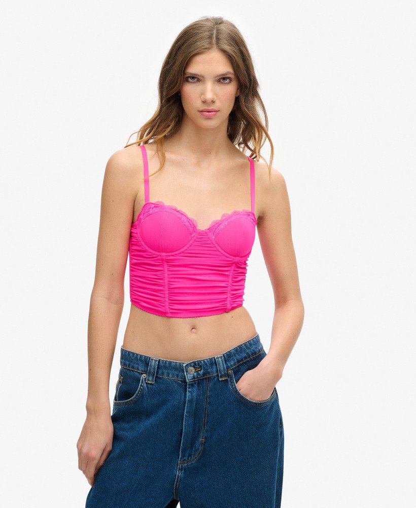 geplooide mesh crop korsettop in roze gloed