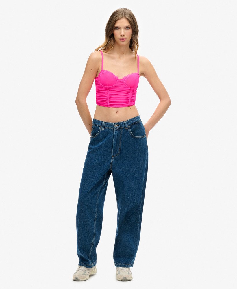 geplooide mesh crop korsettop in roze gloed