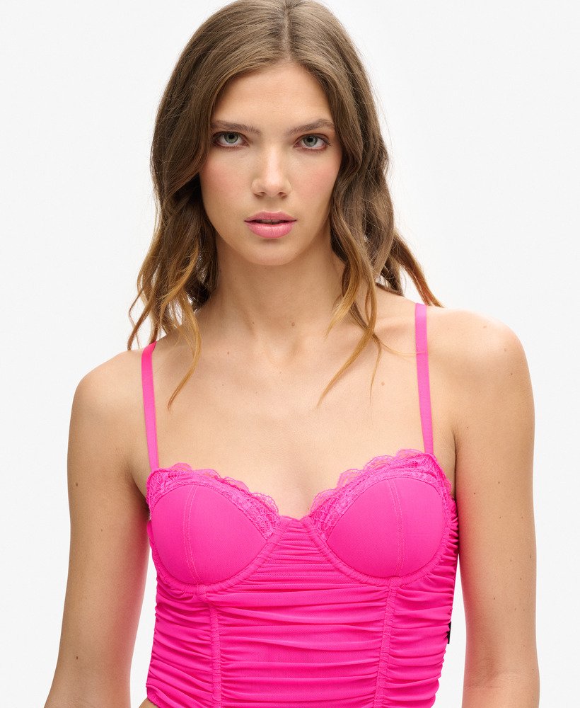 geplooide mesh crop korsettop in roze gloed