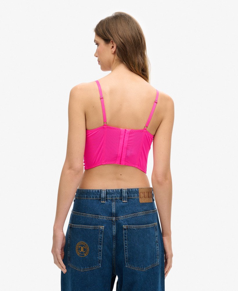 geplooide mesh crop korsettop in roze gloed
