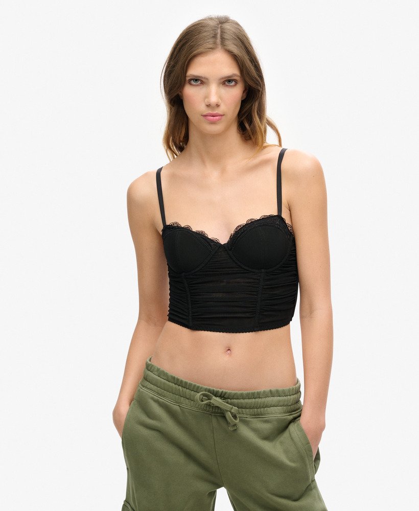 geplooide mesh crop top met korsetmotief in zwart