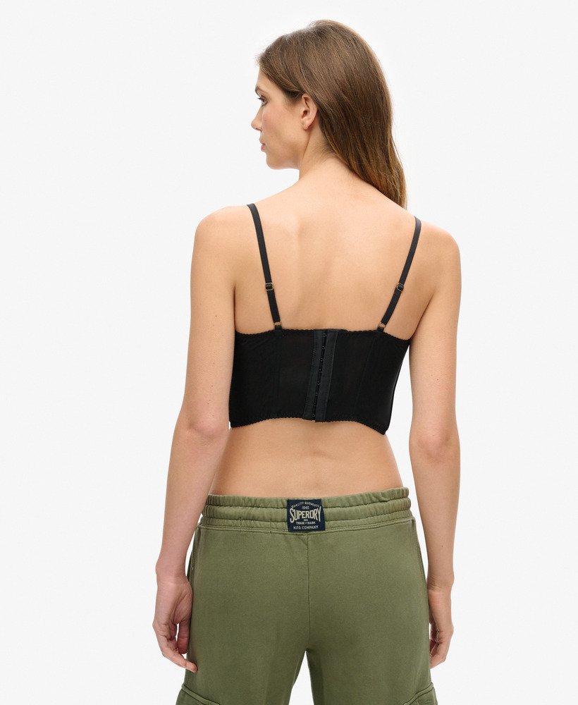 geplooide mesh crop top met korsetmotief in zwart