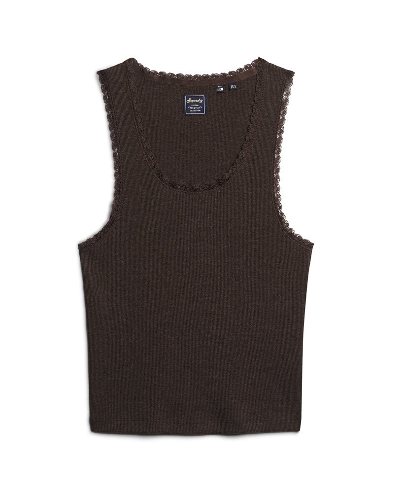 vintage vestje met kanten afwerking van athletic essentials in donkerbruin gemêleerd.