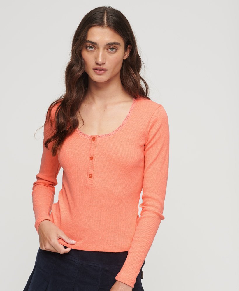 geribbelde henley-top met lange mouwen in pastelkoraal
