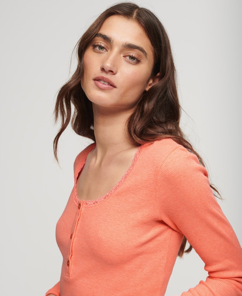 geribbelde henley-top met lange mouwen in pastelkoraal