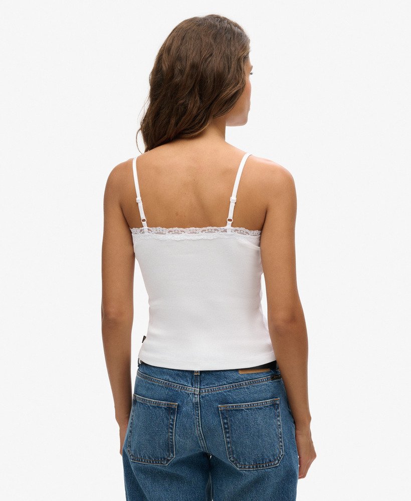 vintage cami top van biologisch katoen met ribboord en kanten afwerking in optic
