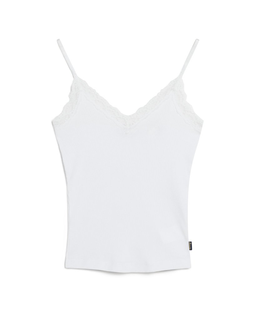 vintage cami top van biologisch katoen met ribboord en kanten afwerking in optic