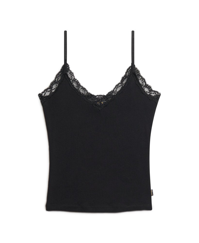vintage cami top van biologisch katoen met ribboord en kanten afwerking in zwart.