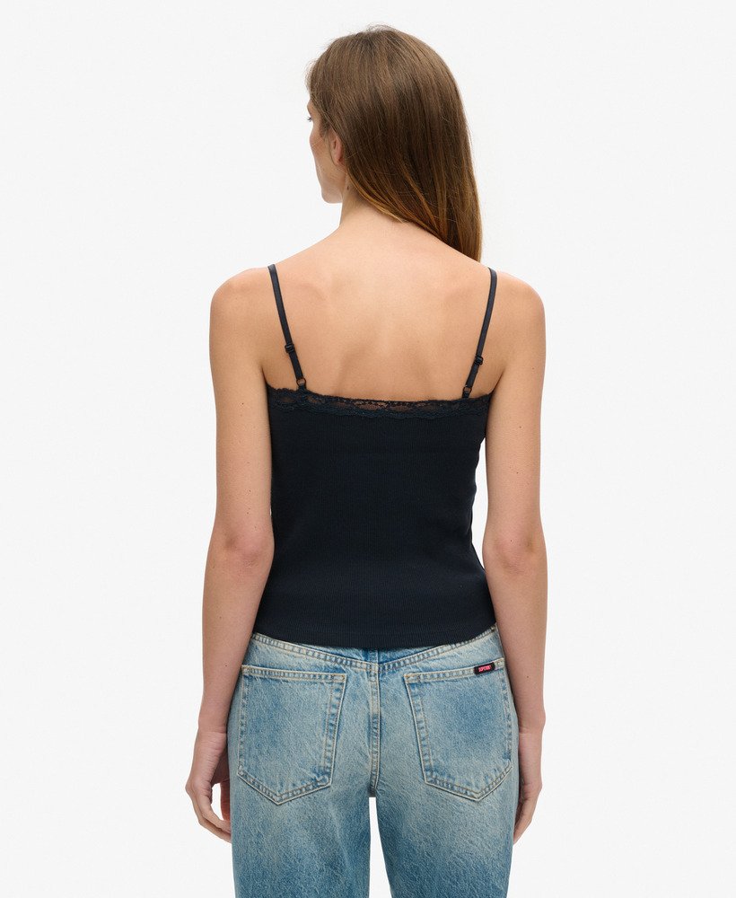 vintage camisole van biologisch katoen met ribboord en kanten afwerking in de kleur eclipse navy.