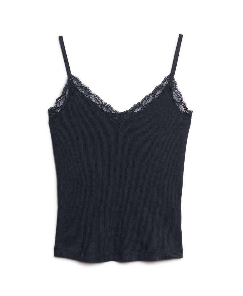 vintage camisole van biologisch katoen met ribboord en kanten afwerking in de kleur eclipse navy.