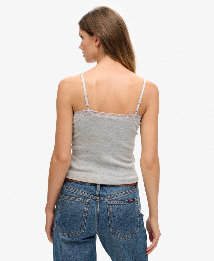 vintage camisole van biologisch katoen met ribboord en kanten afwerking in grijs gemêleerd.