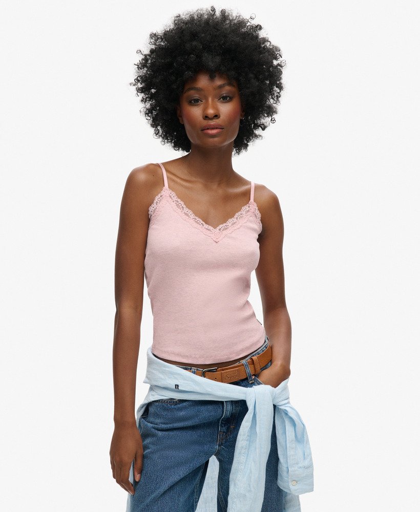 vintage camisole van biologisch katoen met ribboord en kanten afwerking in la soft pink marl.