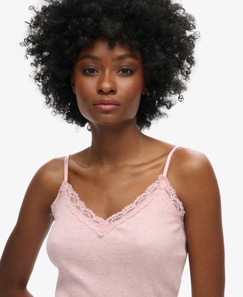 vintage camisole van biologisch katoen met ribboord en kanten afwerking in la soft pink marl.