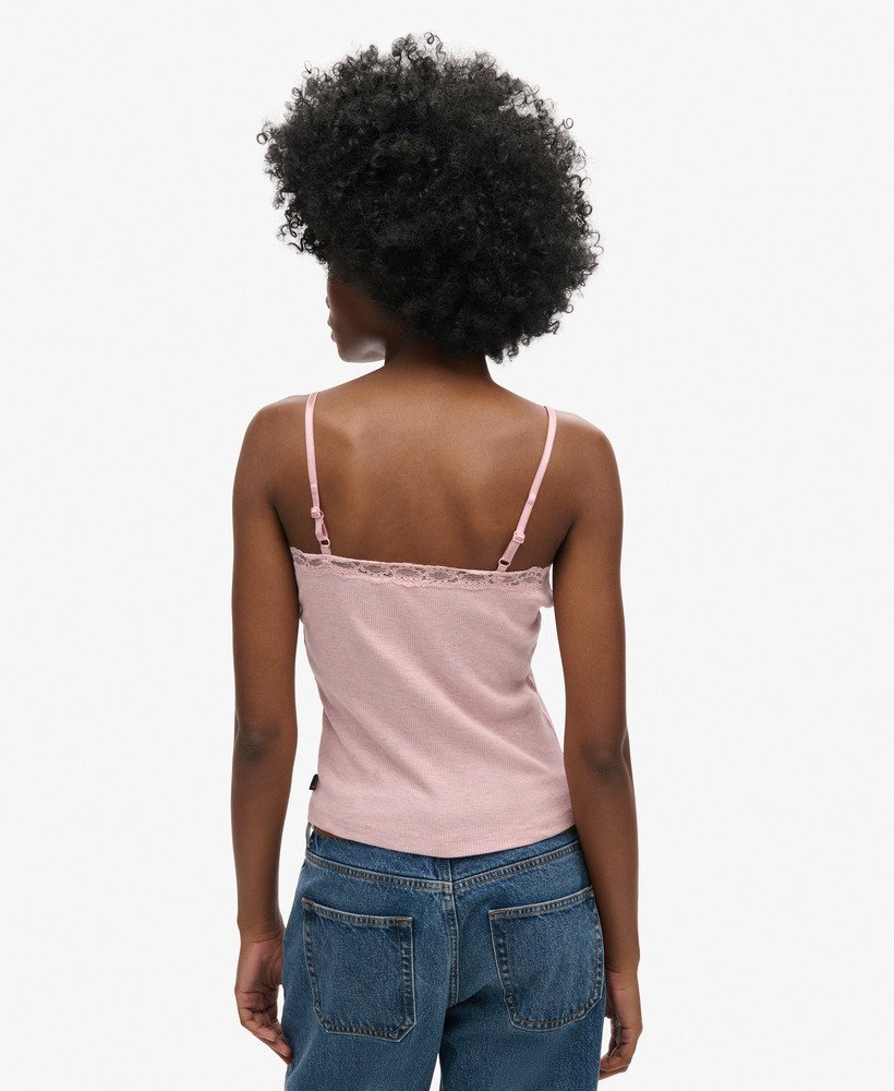 vintage camisole van biologisch katoen met ribboord en kanten afwerking in la soft pink marl.