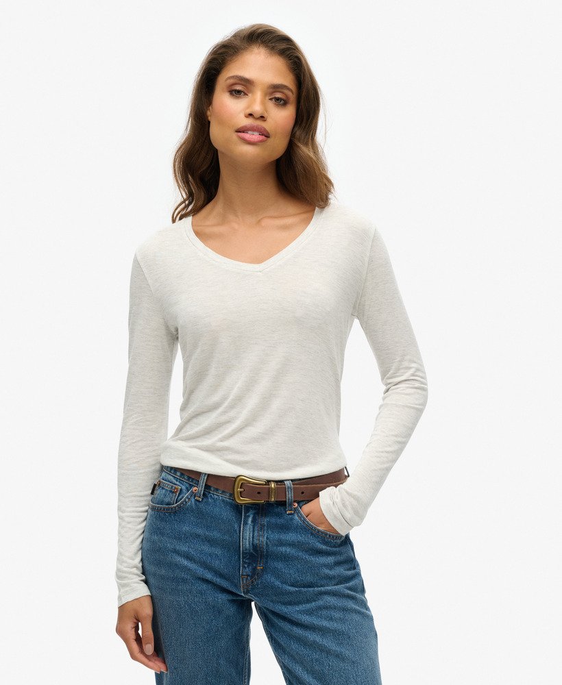 jersey top met lange mouwen en v-hals in lichtgrijs metallic