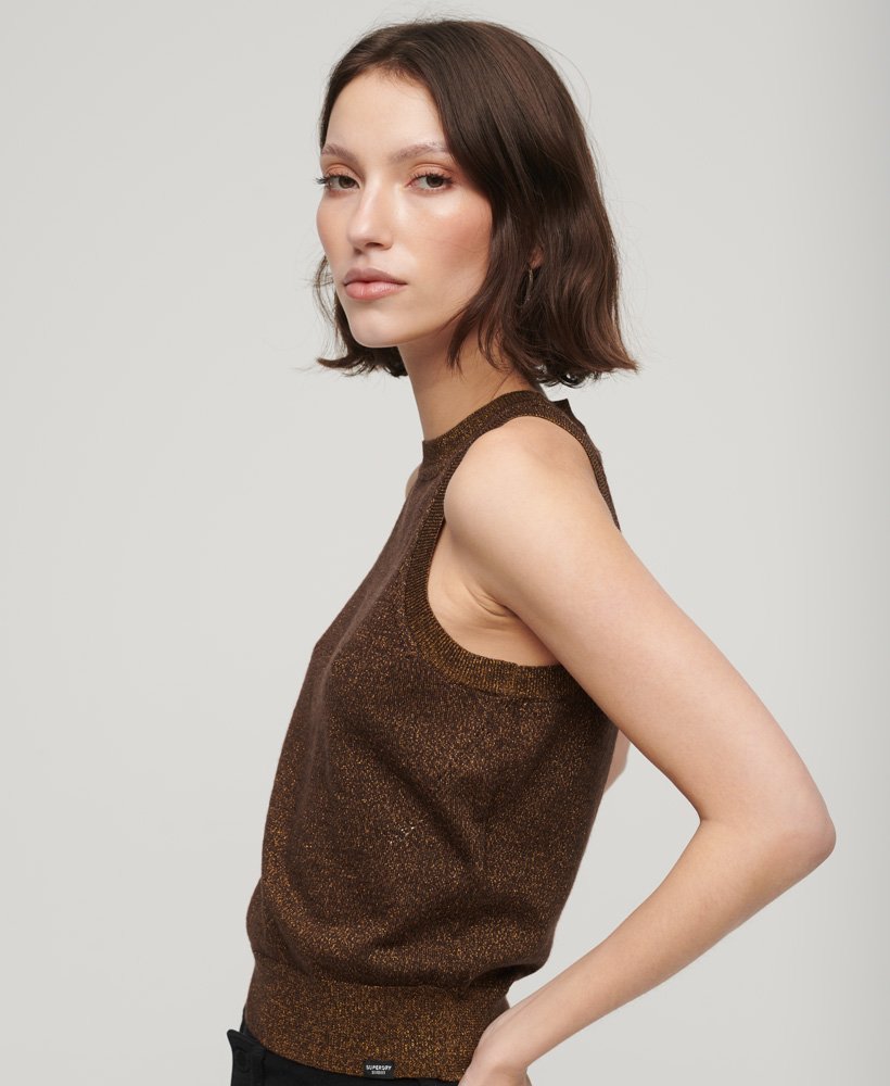 gebreid vest met ronde hals van merinowol in denim co tabacco brown metallic