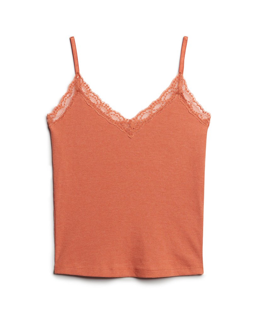 vintage cami top van biologisch katoen met ribboord en kanten afwerking in roestbruin gemêleerd.