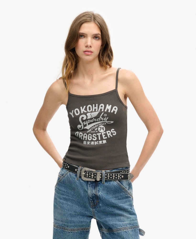 retro rocker graphic rib cami top in vintage zwart