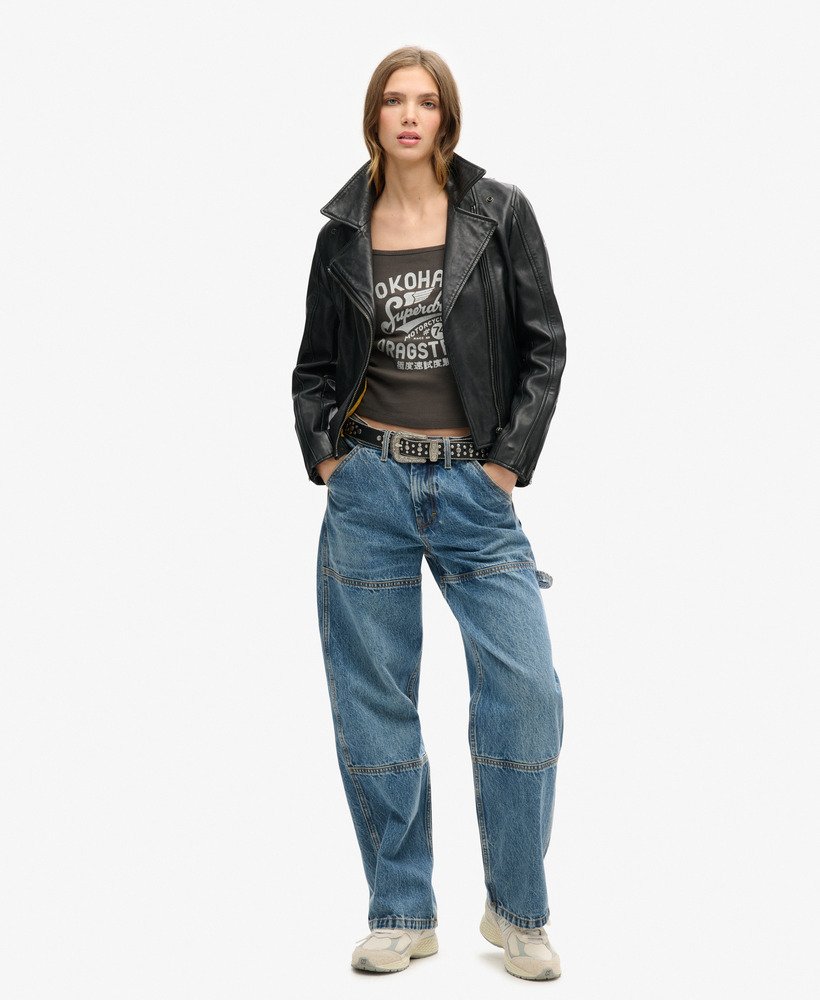 retro rocker graphic rib cami top in vintage zwart
