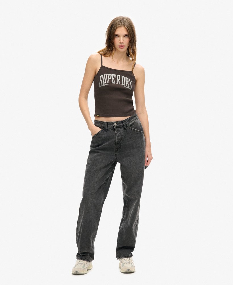 retro rocker graphic rib cami top in carbongrijs
