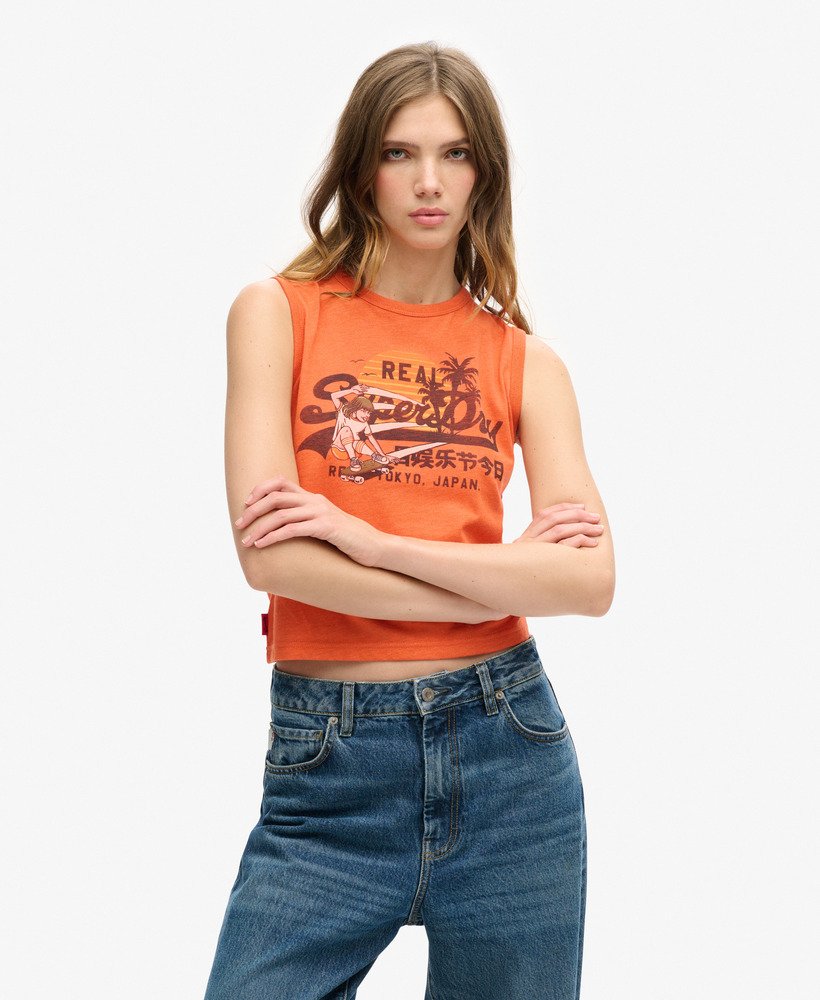 la vintage logo graphic slim vest top in soda pop orange marl