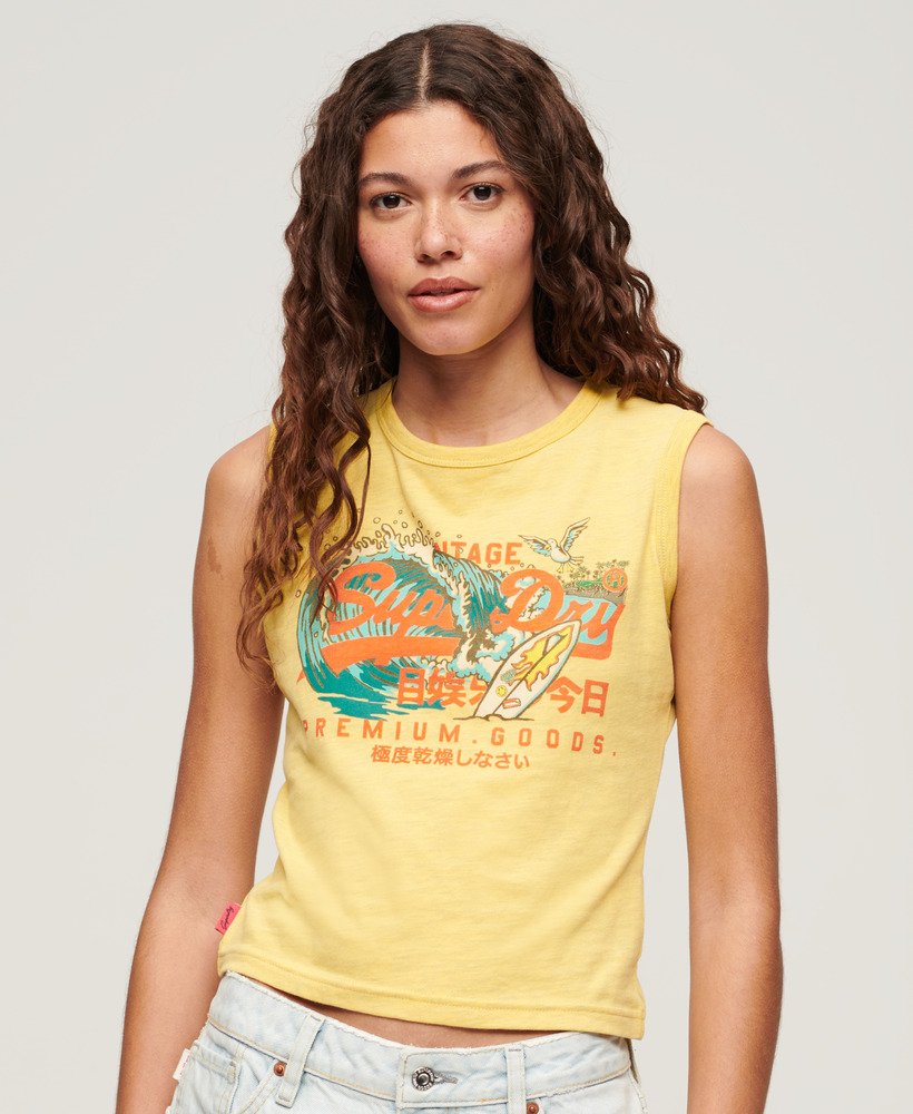 la vintage logo graphic slim vest top in sun yellow marl