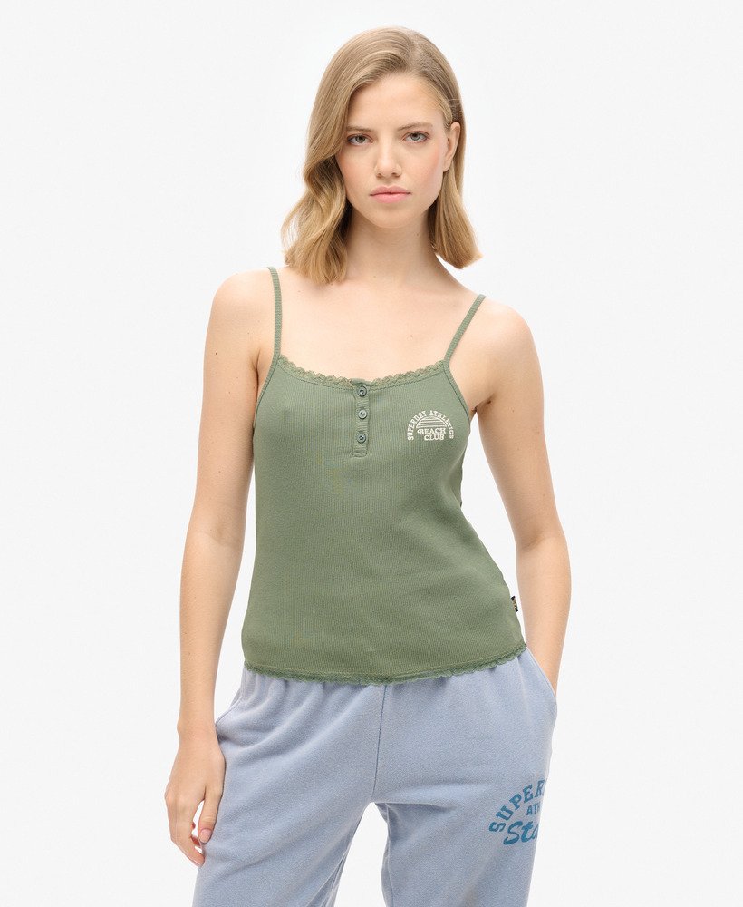 athletic essentials button down cami top in laurel khaki