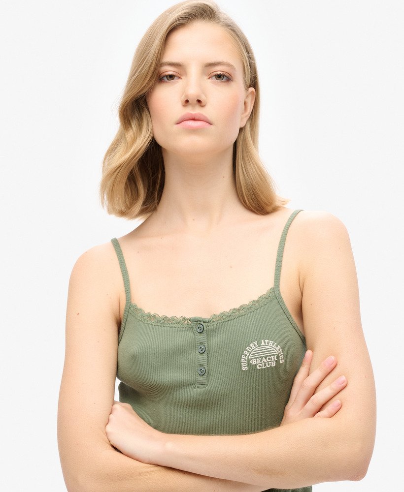 athletic essentials button down cami top in laurel khaki