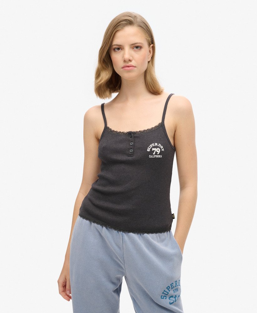 athletic essentials button down cami top in charcoal grey marl