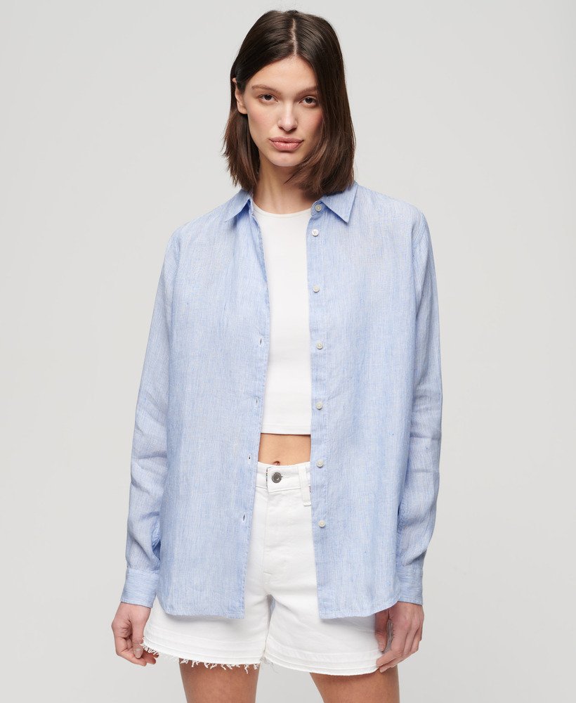 casual linnen boyfriend-shirt met blauwe strepen.