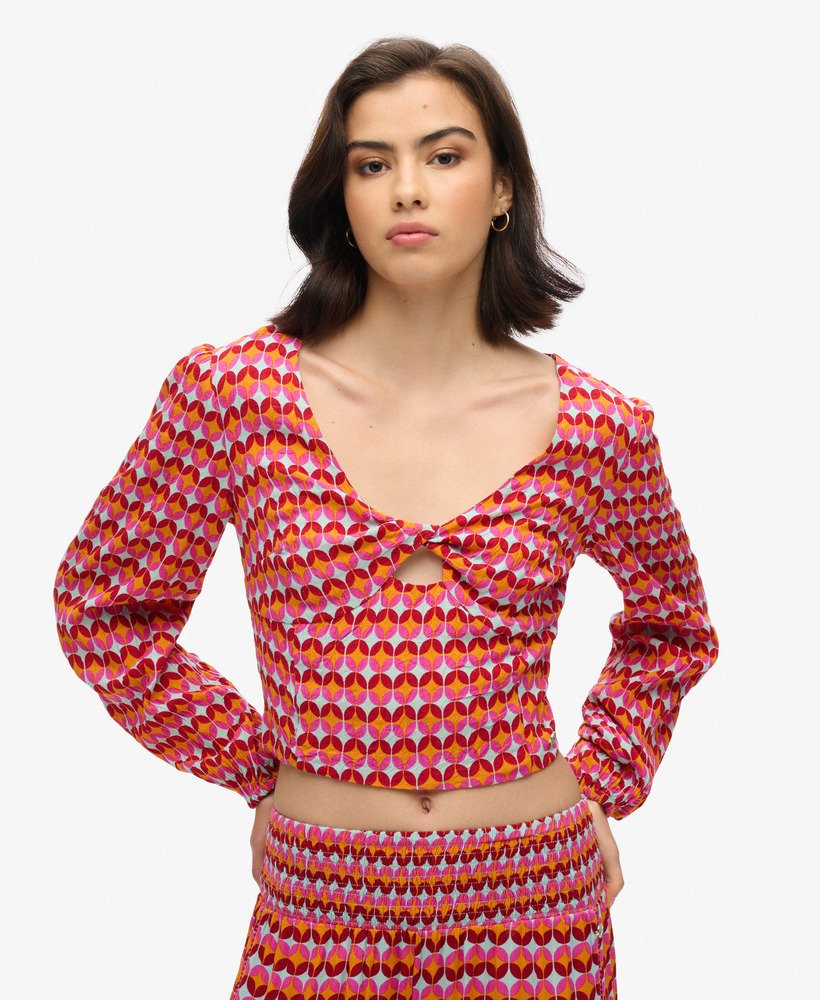crop top met lange mouwen van geweven stof in geometrisch roze uit de jaren 70.