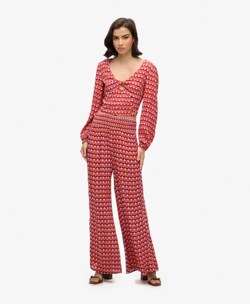 crop top met lange mouwen van geweven stof in geometrisch roze uit de jaren 70.