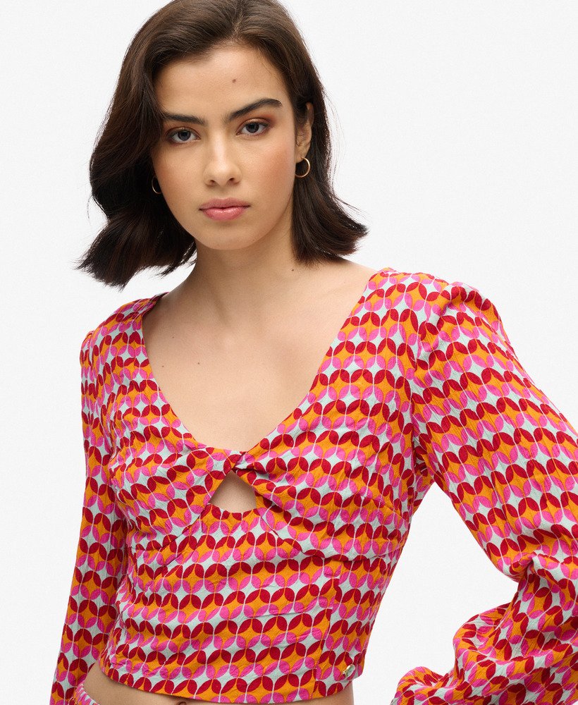 crop top met lange mouwen van geweven stof in geometrisch roze uit de jaren 70.