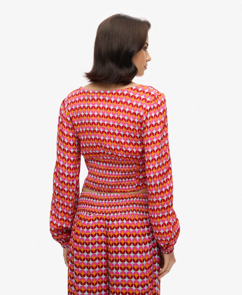 crop top met lange mouwen van geweven stof in geometrisch roze uit de jaren 70.