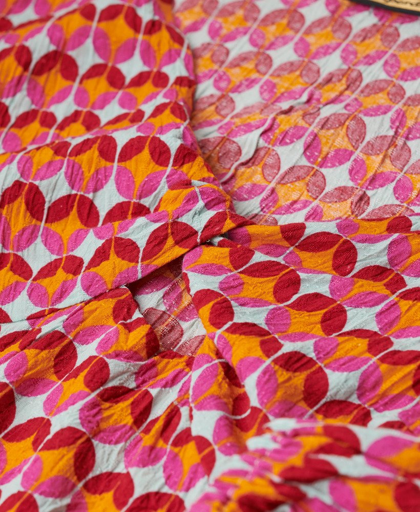 crop top met lange mouwen van geweven stof in geometrisch roze uit de jaren 70.