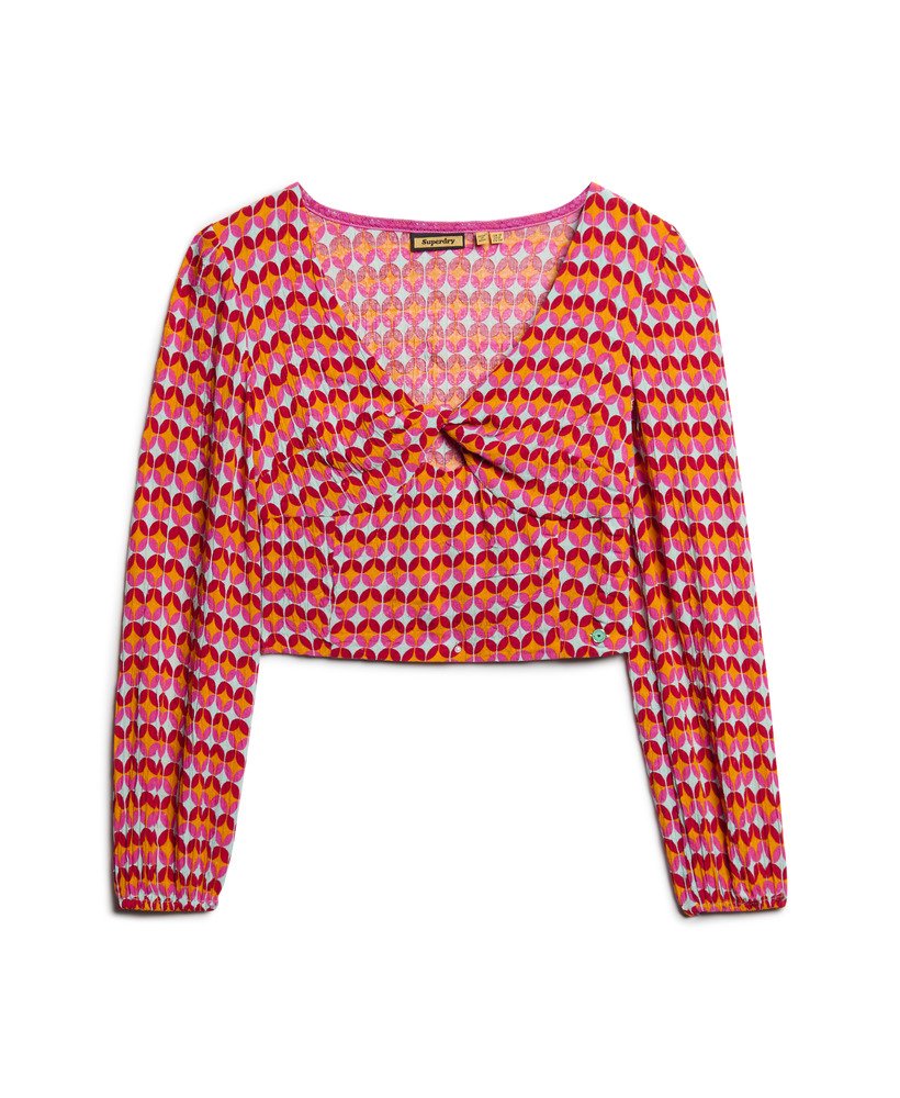 crop top met lange mouwen van geweven stof in geometrisch roze uit de jaren 70.