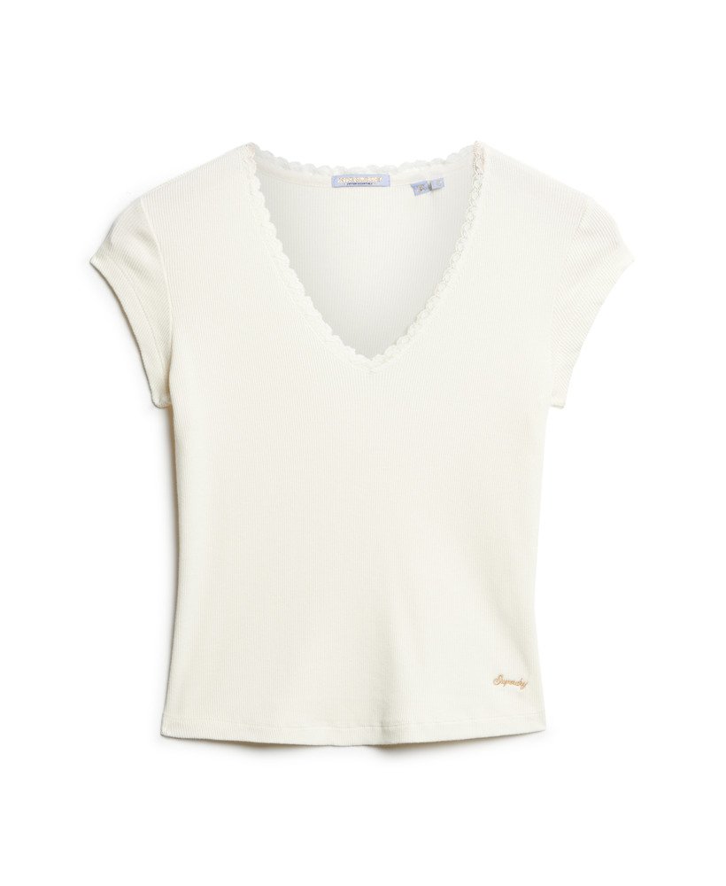 athletic essentials top met v-hals en kanten afwerking in gebroken wit.