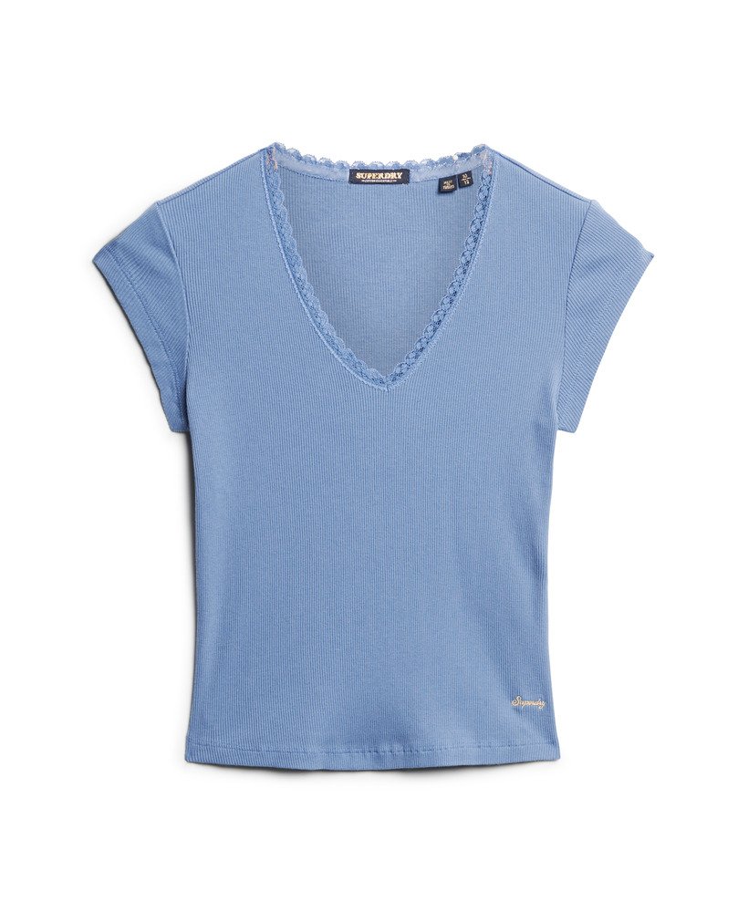 athletic essentials top met kanten afwerking en v-hals in wedgewood blue
