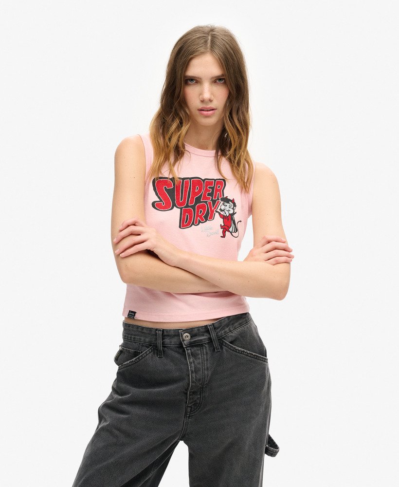 retro getailleerde vesttop met versieringen in somon roze gemêleerd