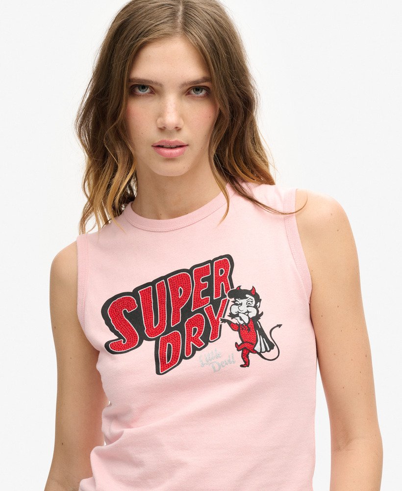retro getailleerde vesttop met versieringen in somon roze gemêleerd